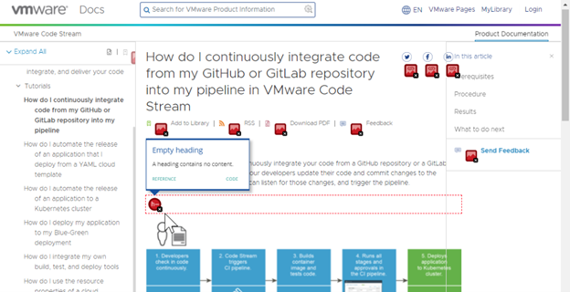 Running the WAVE tool on VMware Docs displays errors in red with tooltips that describe the problem.