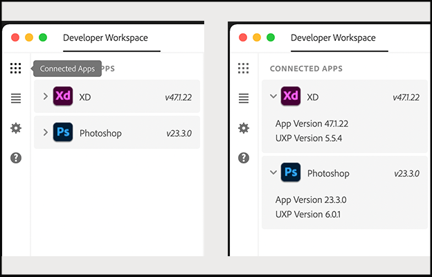 A snapshot of UDT showing app and UXP version for each connected app.