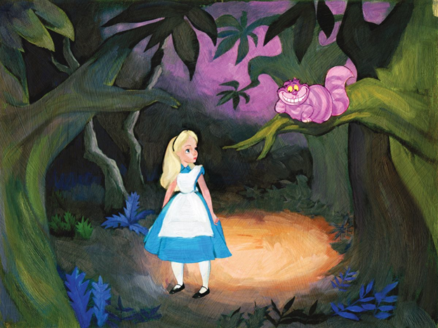 Alice meets the Cheshire Cat in “Alice in Wonderland”