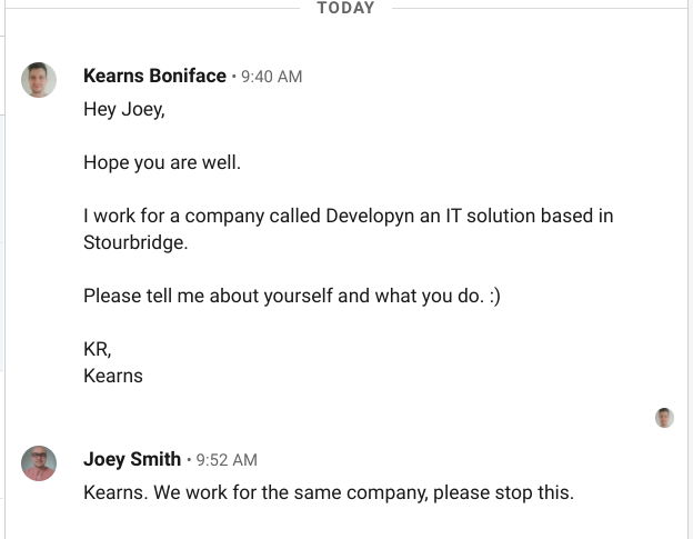 example of a humerous linkedin message between 2 developyn employees