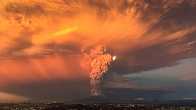 Volcano explosion at sunset