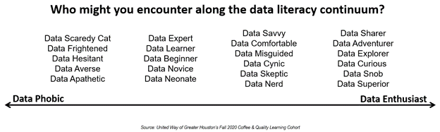 Titled “Who might you encounter along the data literacy continuum?”, a line extends from “Data phobic” to “Data enthusiast”