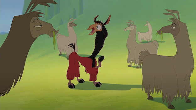 A still frame from “The Emperor’s New Groove” of Cuzco, in cartoon llama form, surrounded by more realistically drawn (and unimpressed) llamas