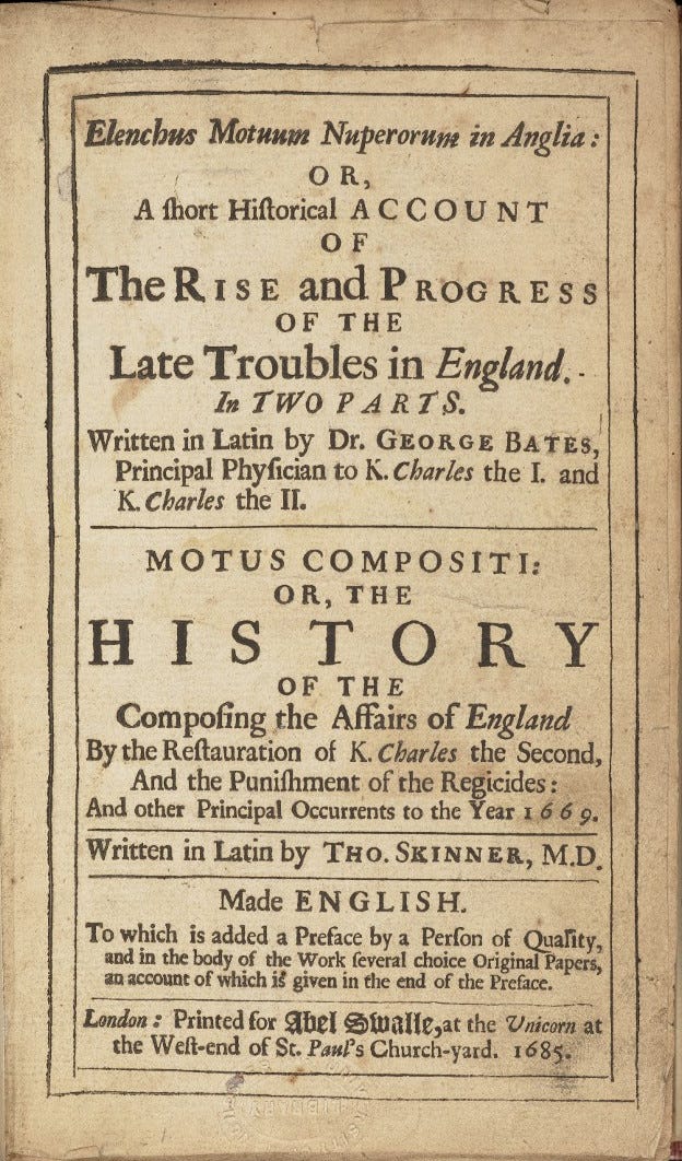 Title page of ‘The Rise and Progress of the Late Troubles in England’ by George Bate.