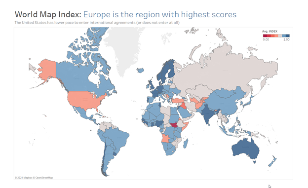 World map of countries’ speed to sign on to environmental treaties, with countries color coded by the index value (orange/blue diverging)