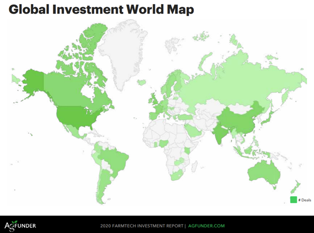 Global investment map in terms of numbers of farm tech investments, with the United States being the country with the greatest number of deals.