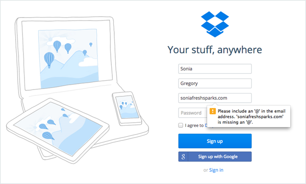 A screenshot from a Dropbox log in with an error message “Please include an ‘@’ in the email address”.