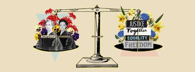 Poster showing the scales of justice with an illustration of women on the left side and the words justice, together, equality, and freedom on the right side.