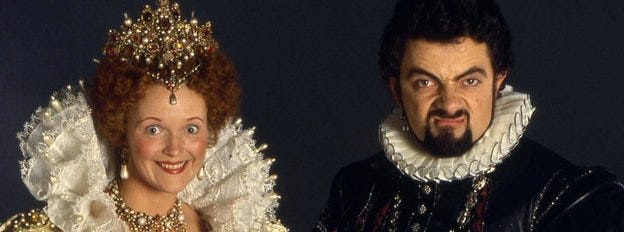 Photo of the mad Queen Lizze the First and Blackadder form the BBC comedy Blackadder