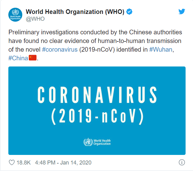 Screenshot of a tweet from World Health Organization saying that no evidence of human-to-human transmission is identified.