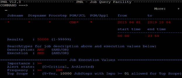 A PMA job query facility panel with filter for COB* in PGM/JCL column