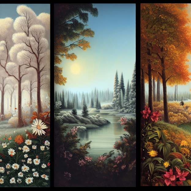 A triptych depicting a forest and river across three seasons