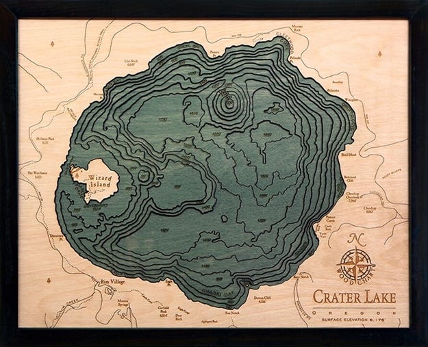 Nautical Wood Chart Map Crater Lake Bathymetric