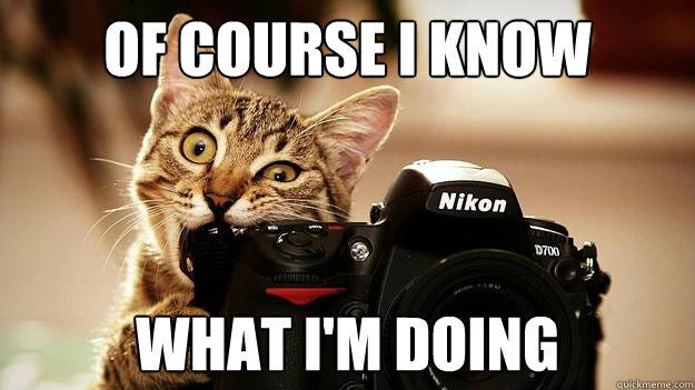 A cat chews on an expensive Nikon camera. Clearly this cat knows what he is doing. Large text reads: Of Course I Know What I’