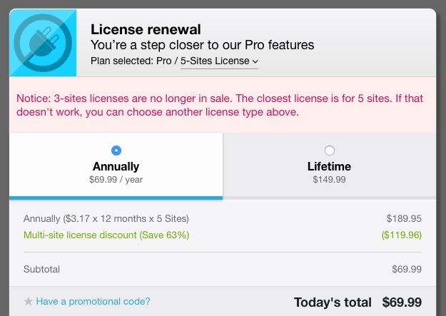 Freemius Checkout - License Renewal Missing Pricing Notice