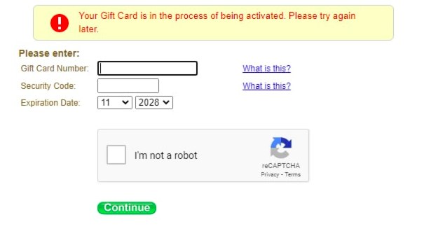 A Screenshot of Gift Card in The Process of Being Activated