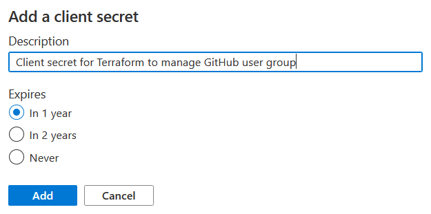 Configuration options for Azure AD client secret, consisting of a description and expiry date