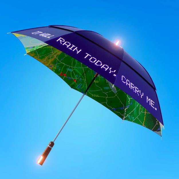 Image of David Rose’s enchanted umbrella, with light on the handle and digital text along the webbing “rain today, carry me”