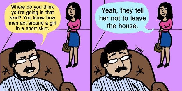a comic meme that a father tells a girl wearing a short skirt not to go out. 一個爸爸叫穿短裙的女兒不要出門