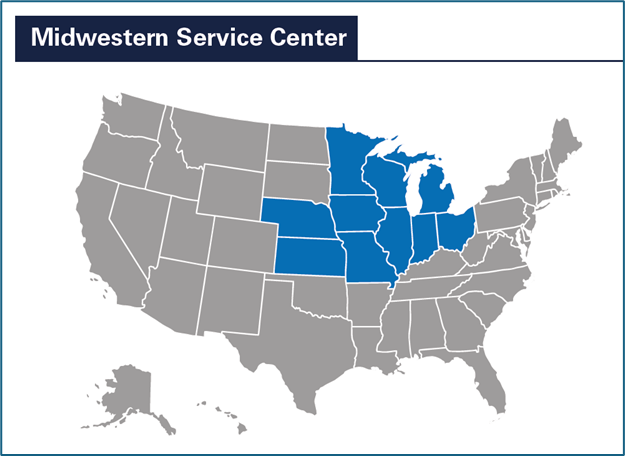 A map of the US with the Midwestern Service Center colored in blue.