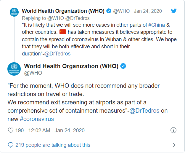 Another tweet from WHO stating that it does not recommend any broader restrictions on travel or trade.