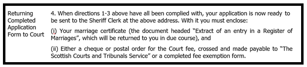 Form guidance saying you need to return your application with either a cheque or postal order for the Court fee.