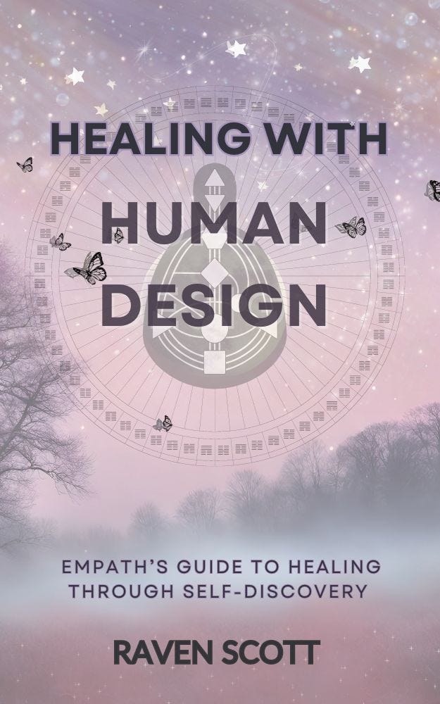 image of Book cover with light magical starry purple background with a tree forest and butterflies and Human design mandala in the center with black text: Healing with Human Design Empath’s Guide to Healing Through Self-Discovery Raven Scott”