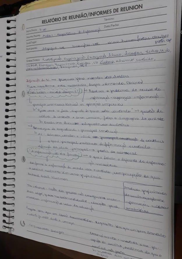 Folha de caderno com anotações à mão sobre a Aula de fundamentos de arquitetura de informação.