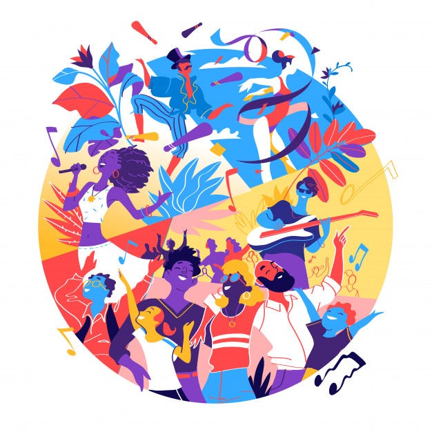 A colorful drawing of people singing, dancing, and talking.