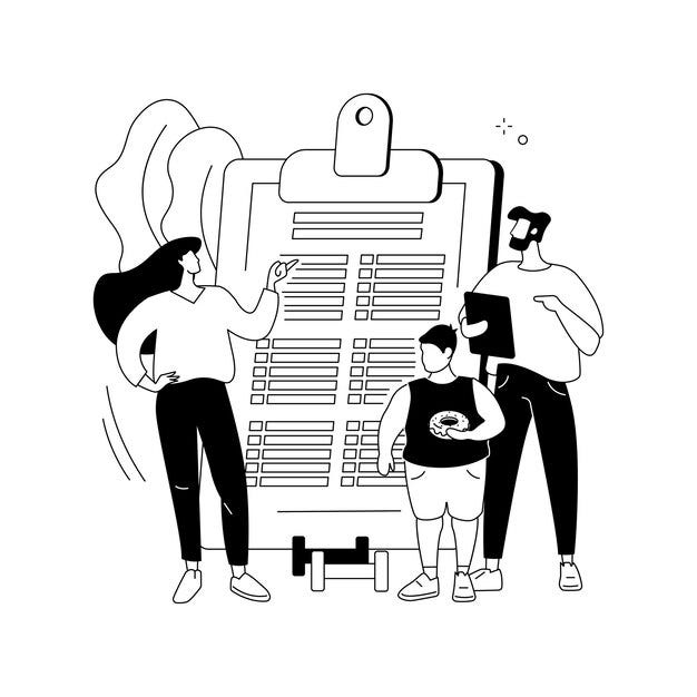 lineart style of illustration where 3 people are standing around a clipboard. 1st person on the left is a female, pointing finger at the clipboard. 2nd person is a child holding doughnut while looking at dumbbells. 3rd person, grown man holding a clipboard and staring at the board.