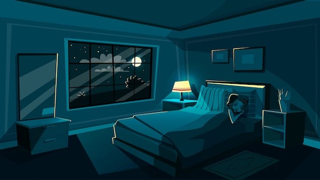 Cartoon of woman sleeping in a nice, minimal room.