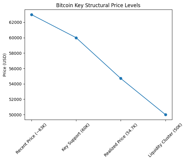 Line chart highlighting key Bitcoin price levels: recent price near $63,000, critical support at $60,000, realized price around $54,700, and liquidity cluster near $50,000.