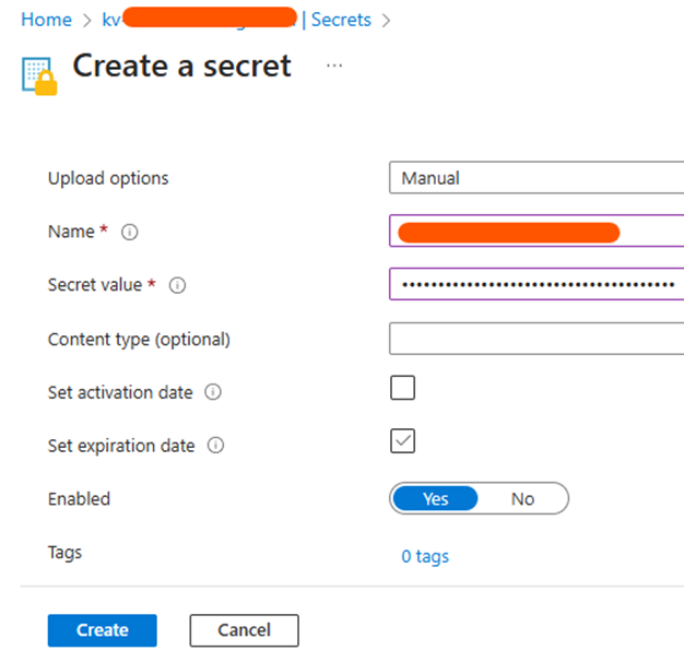 Creat Azure Key Vault Secrets