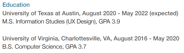 Example of education details from two universities including location, dates of study, field of study, degree, and GPA