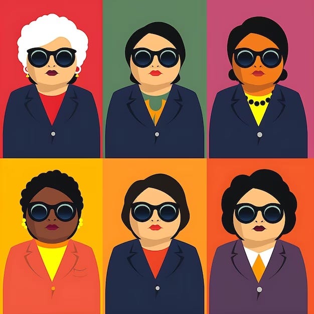 Imagens de mulheres de várias raças, com cabelos brancos, negra, branca, amarela, todas usando óculos escuros e batom, vestindo terno. Uma imagen ao lado da outra com fundos coloridos.