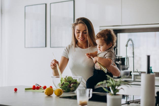 A mother prepping for her meal