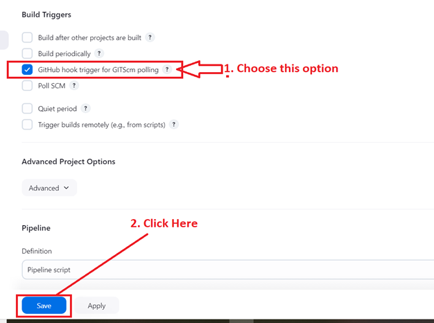 Choose the “GitHub hook trigger for GITScm polling” & Save the Pipeline