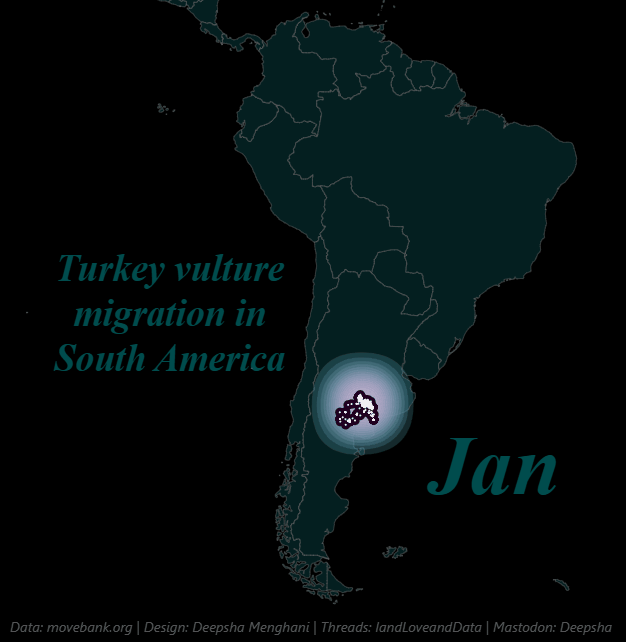The image shows a dark map of South America with a highlighted area showing the migration pattern of the Turkey vulture