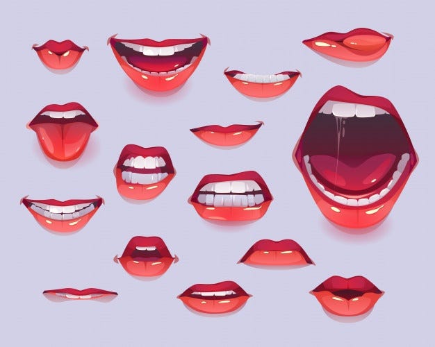 Várias bocas de mulheres mostrando os dentes.