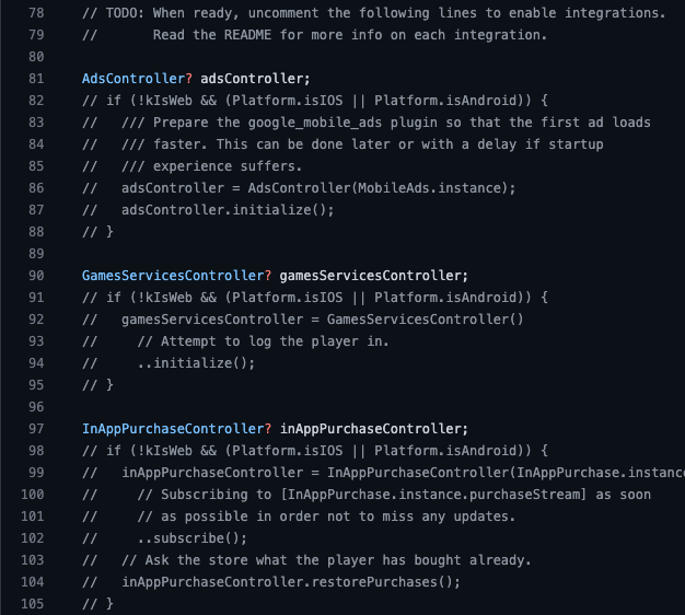 Screenshot of disabled integration code from main.dart file: AdsController, GamesServices, and InAppPurchases.