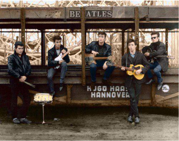 Famous photo of the Beatles in Hamburg as 5 member band with Pete Best and Stuart Sutcliffe in add to John, Paul, George.