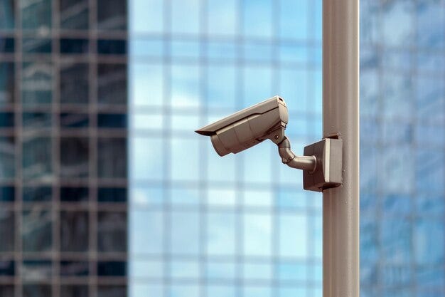 Office building real-time surveillance system with high-resolution cameras monitoring various areas of the workplace