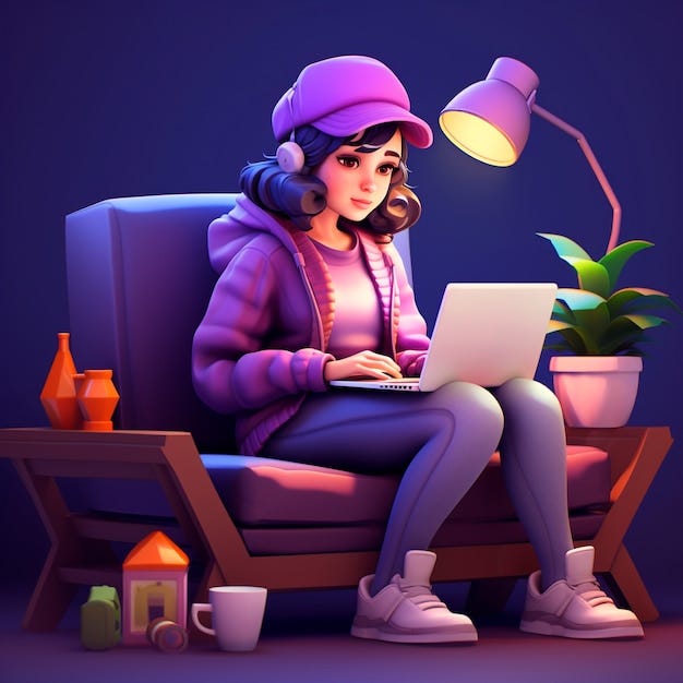 A woman wearing a purple jacket, sitting on a chair and using a laptop with concentration.