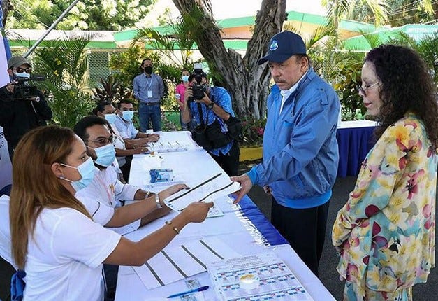 President Daniel Ortega and Vice-President Rosario Murillo on the votin polls