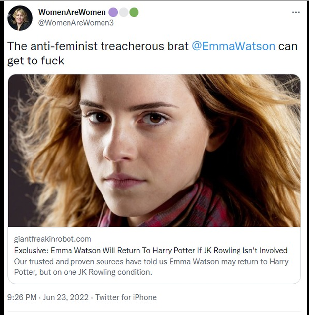 A tweet criticising Emma Watson for her pro-trans comments, calling her an anti-feminist, treacherous brat.