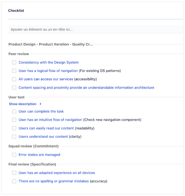Screenshot of our Product Design quality criteria checklist in Jira