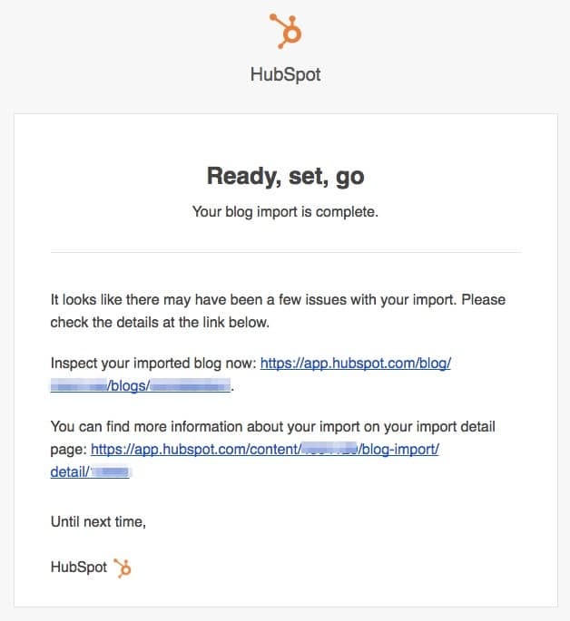 Email de conclusão da importação dos artigos do WordPress para o Blog do HubSpot Marketing