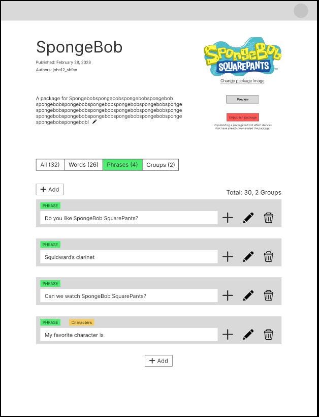 An image of the authors’ Figma prototype of their community word library creation interface for SpongeBob SquarePants. “Phrases” is highlighted in green and shows phrases uses to talk about SpongeBob categorized under it.