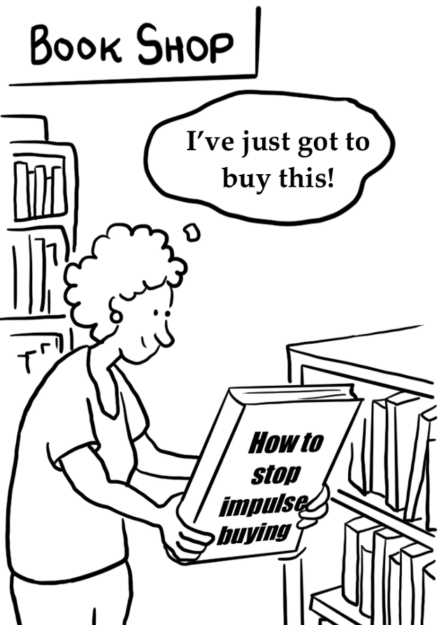A woman illustration is looking at a book titled ‘How to stop impulse buying’ thinking, “I’ve just got to buy this!”