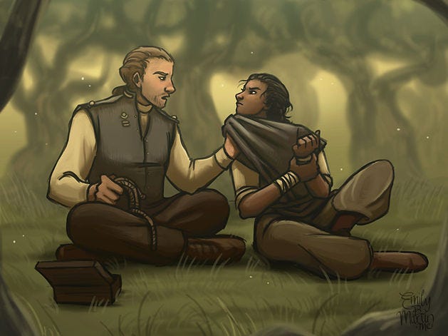 Pale and gruff Pol grabs Gen as the dark-skinned boy rubs his sore wrists and looks up with contempt.